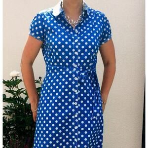 Boden Retro 50s Style Blue White Polka Dot Dress Button Front Pin Up Easter